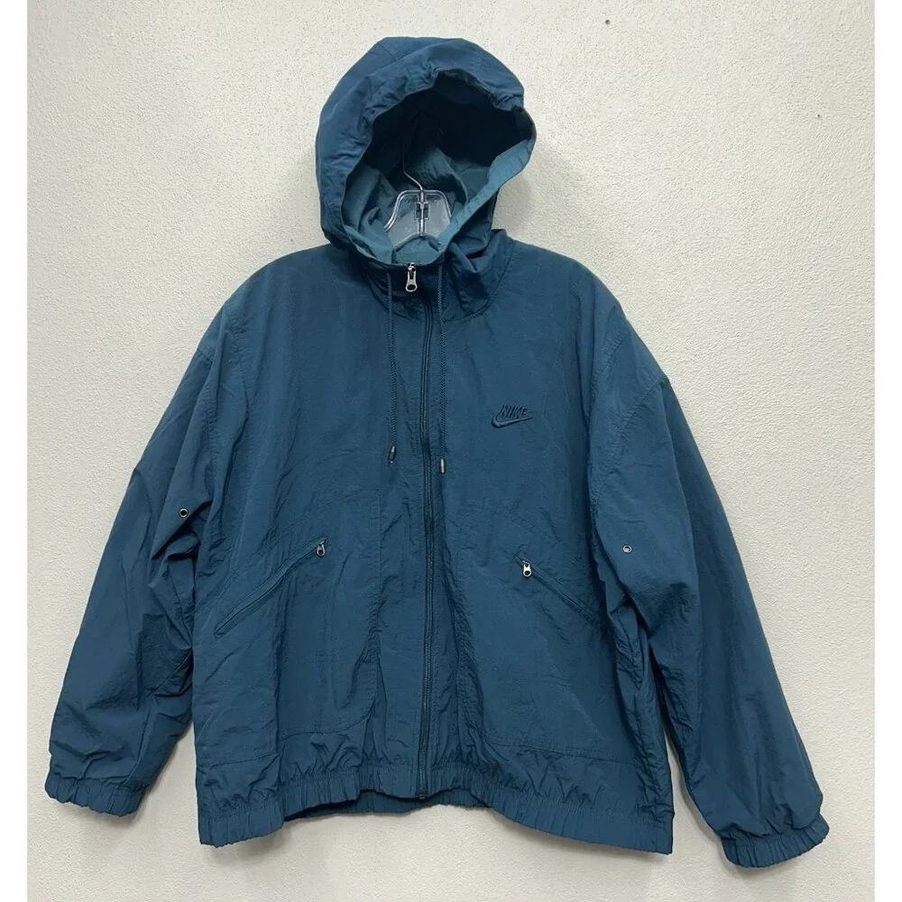 Vintage 90s Nike Jacket Women Medium 10-12 Teal Blue Track Windbreaker Boxy Coat